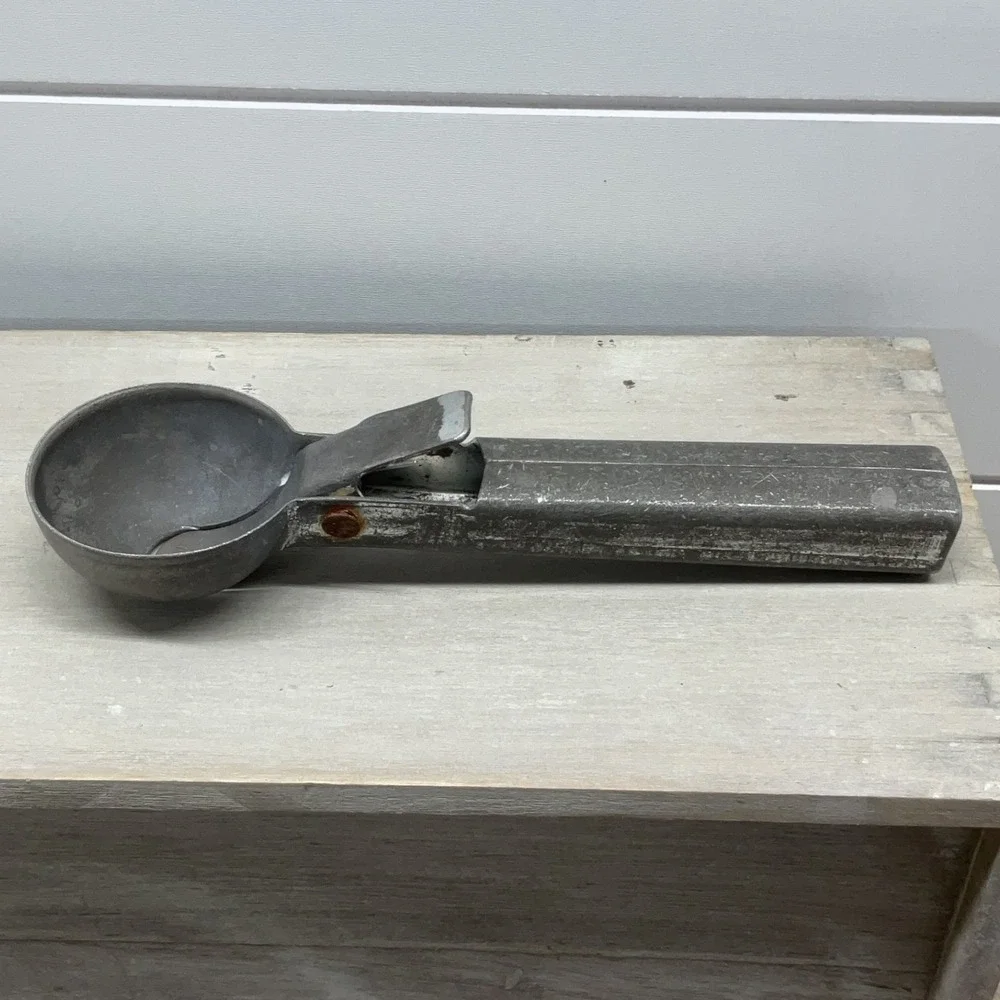 Vintage Aluminum Ice Cream Scoop Mechanical Thumb Lever Primitive Kitchen Tool